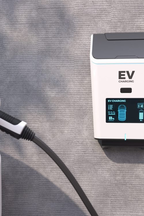 EV Charging Station, Clean energy filling technology, Electric car charging. 3D illustration